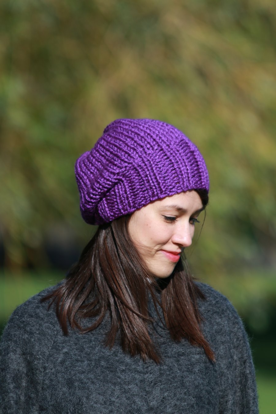 Hand Knitted Slouchy Beanie, Chunky Winter Hat, Seamless Hat, Purple