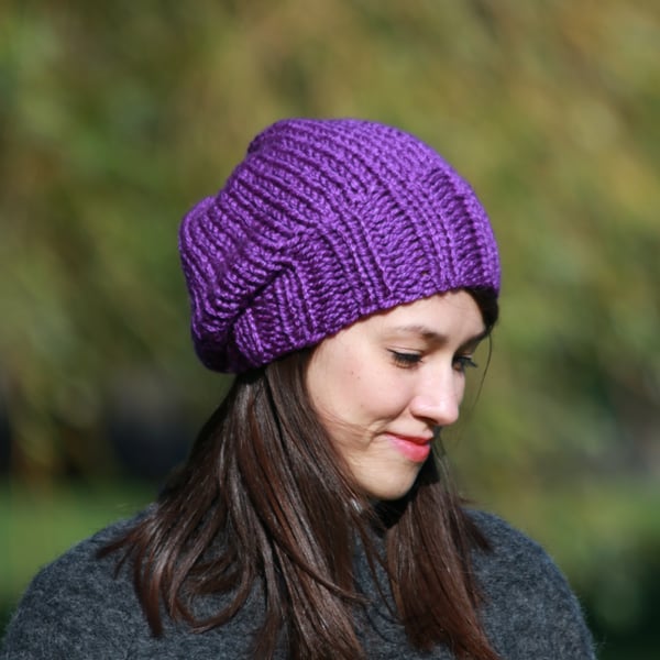 Hand Knitted Slouchy Beanie, Chunky Winter Hat, Seamless Hat, Purple