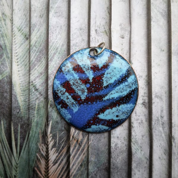 Abstract red and blue enamelled copper pendant 225