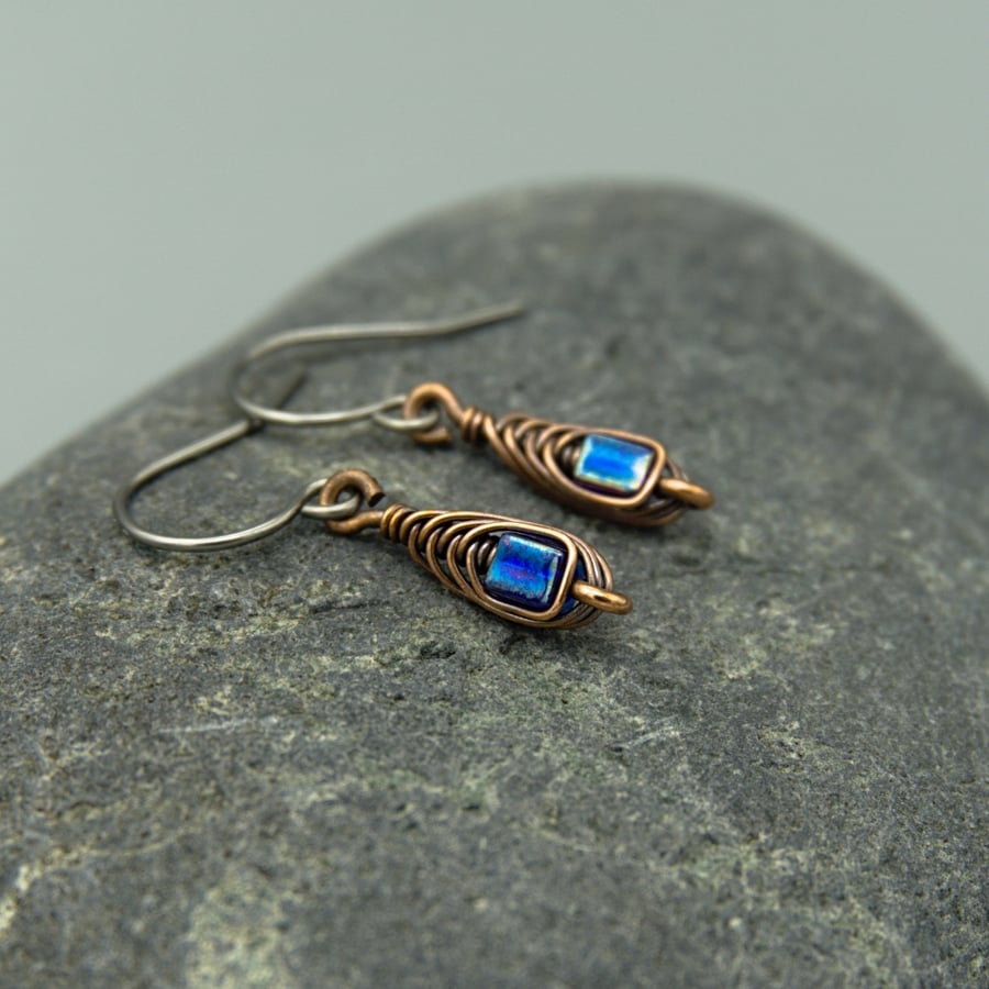 Copper Wire Wrapped Cobalt Blue AB Cube Earrings
