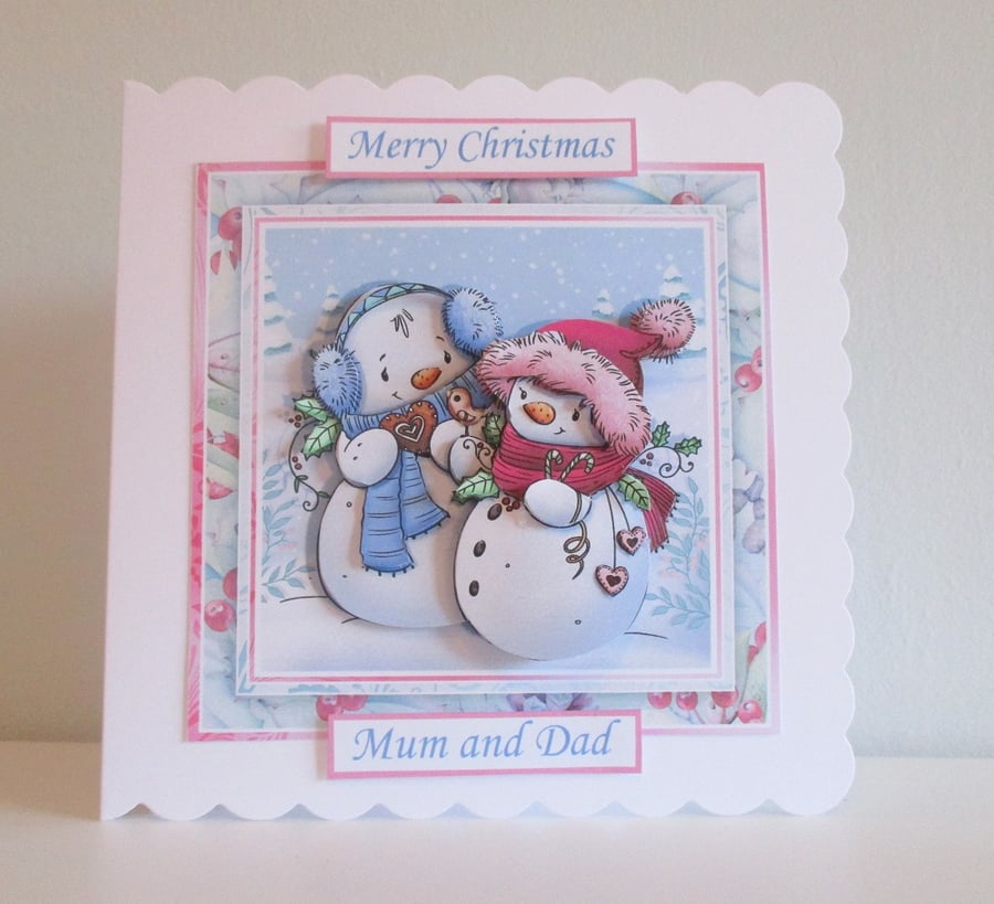 Snowman Couple Christmas Card, Handmade Decoupage,3D,personalise, mum and dad, b