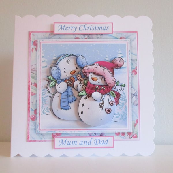 Snowman Couple Christmas Card, Handmade Decoupage,3D,personalise, mum and dad, b