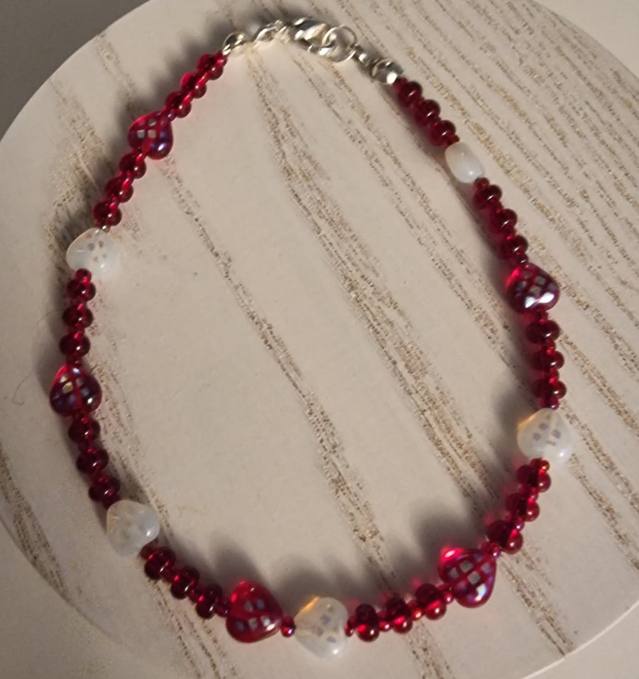 Red seed bead bracelet with red and white hearts Folksy