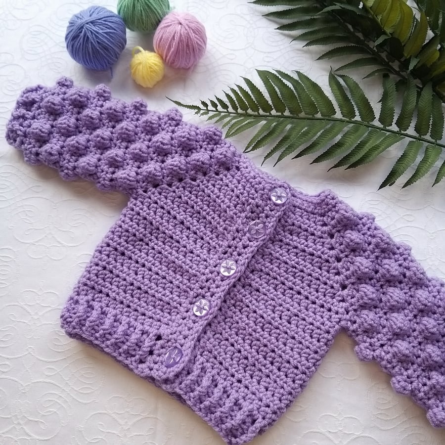 Crochet Bobble Cardigan Size 3 months Lavender Perfectly Imperfect