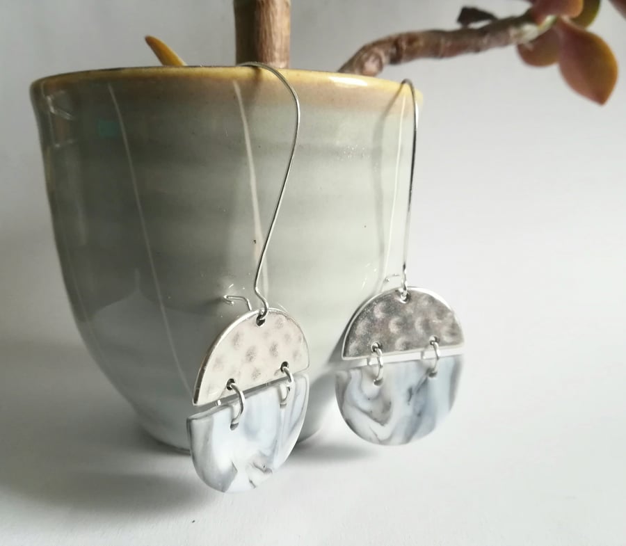 Half moon dangles, Marbled earrings, Elegant dangles, Clay drop earrings