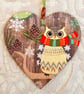 Christmas Decoration Ornament: Decoupaged Wooden Heart 15cm (6") Owl