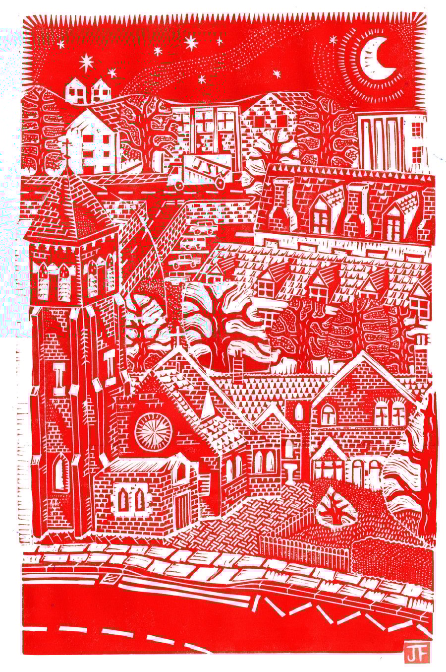 View Over St Francis Church, Bedworth by John Freeman, linocut print, red