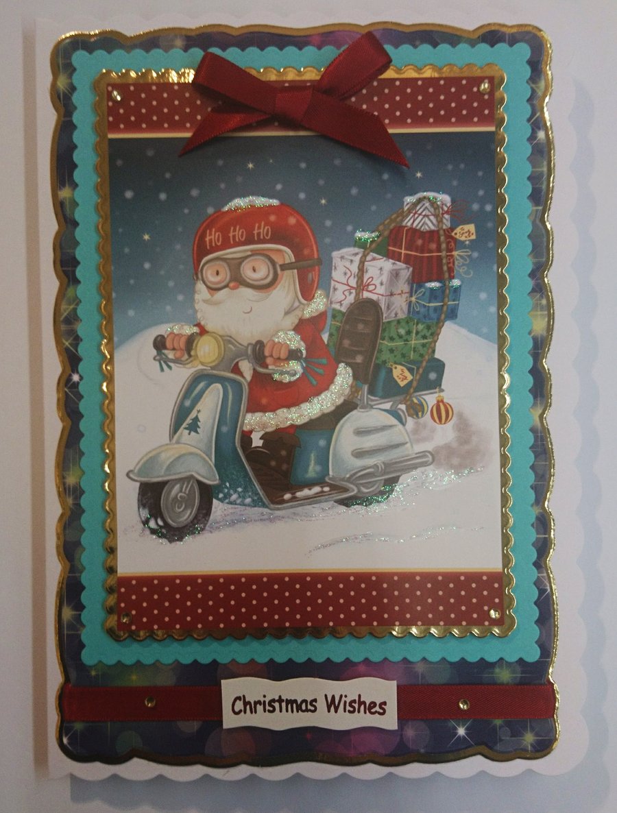 Christmas Card Santa Riding a Vespa Scooter Ho Ho Ho