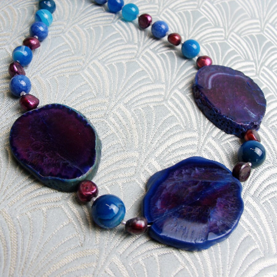 Blue Semi-Precious Stone Necklace, Chunky Handmade Blue Necklace CC58