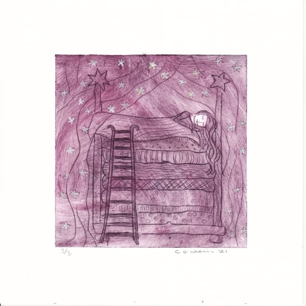 Sleeping Princess in Pinky Purple Ink - Handmade Drypoint etching
