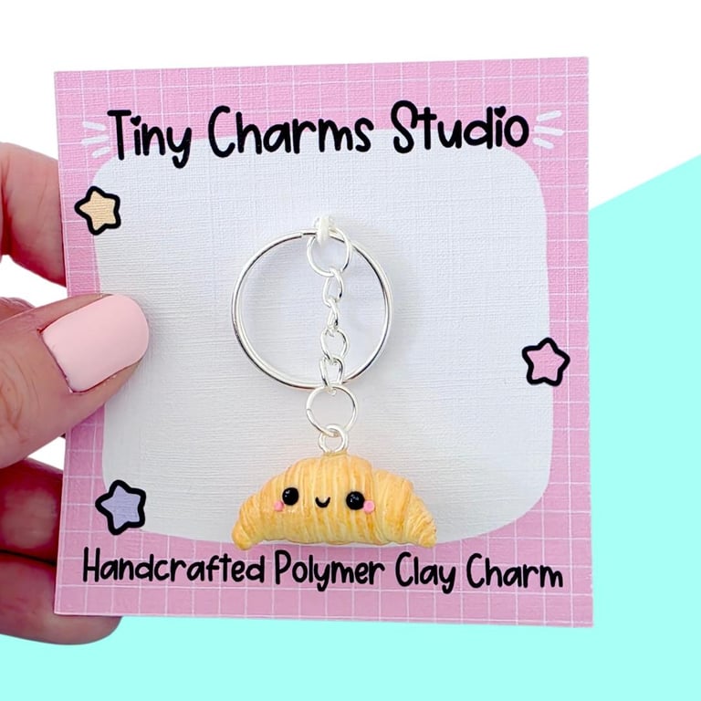 Cute Kawaii Croissant Keyring - Handmade Polymer Clay Food Charm Gift For Her