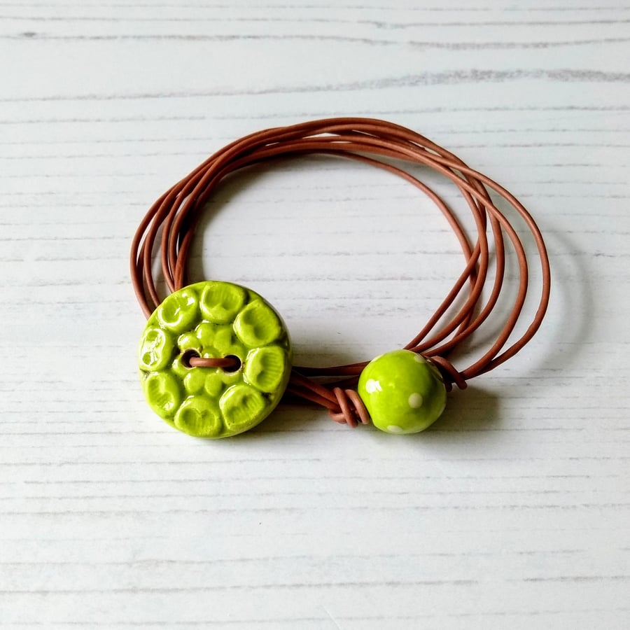 Vegan Flower Button Wrap Bracelet in Lime Green