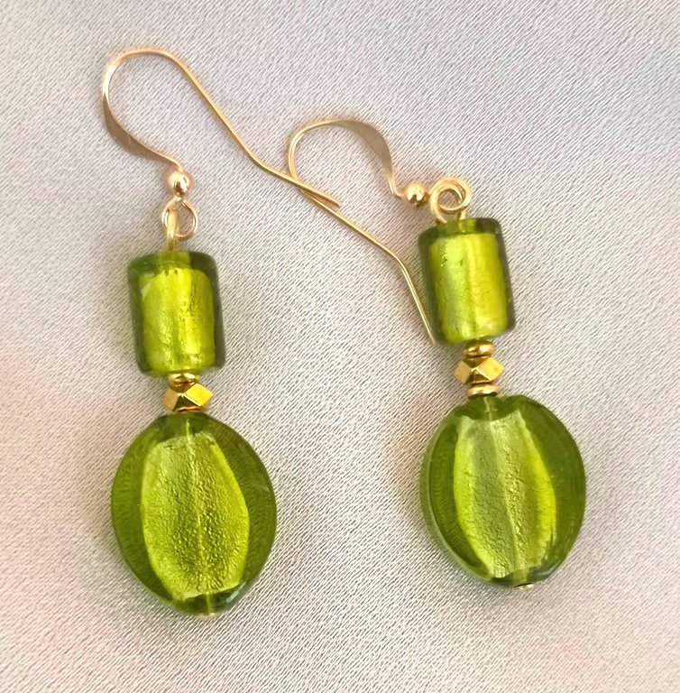 Olive Green Glass Foil Bead Earrings