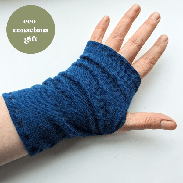Lightweight Deep Teal Blue Wrist warmers from upcycled 100% wool Jumper 