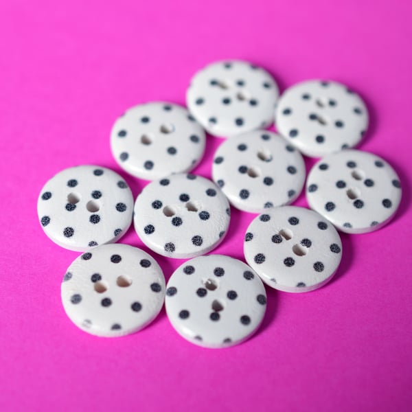 15mm Wooden Spotty Dalmation Buttons White & Black 10pk Spot Dot (SSP26)