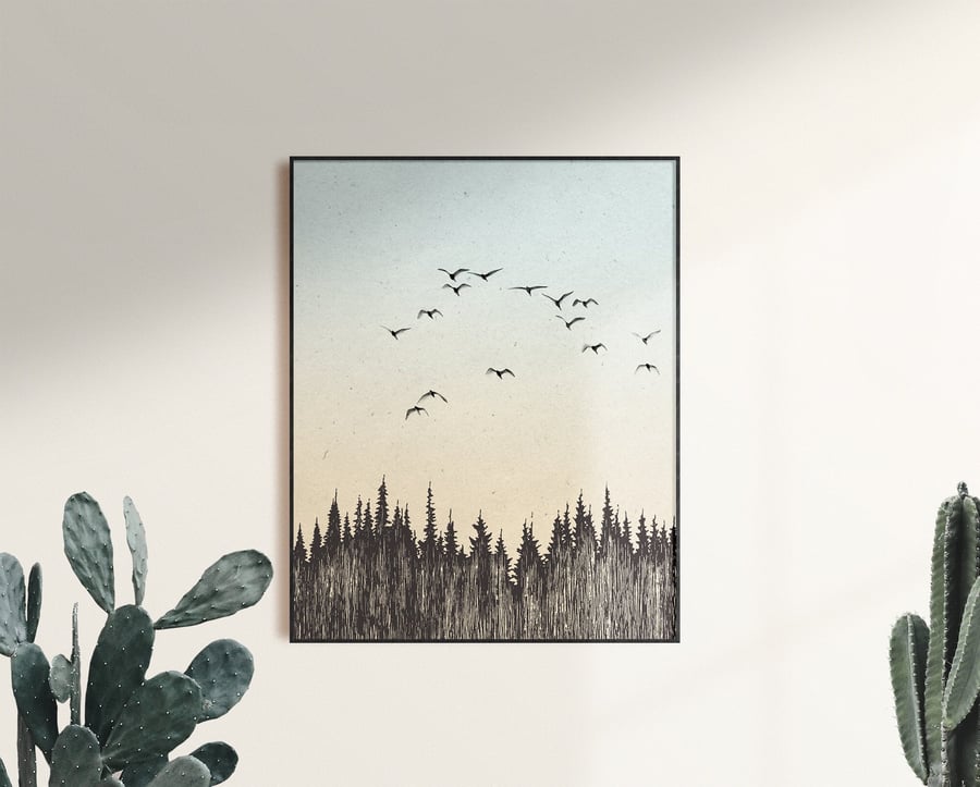 Birds and Woods Silhouette Print