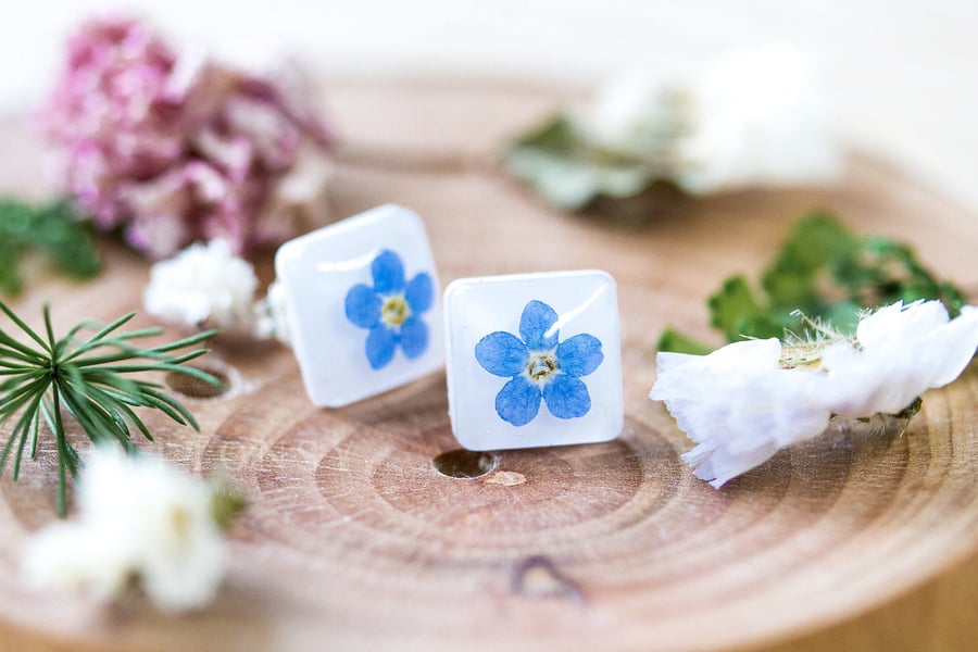 Forget me Nots Earrings Square Real Flower Earrings Something Blue Floral Jewelr