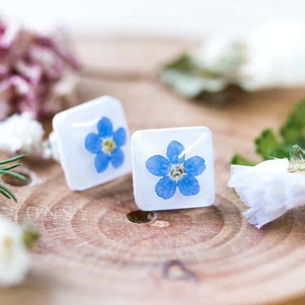 Forget me Nots Earrings Square Real Flower Earrings Something Blue Floral Jewelr