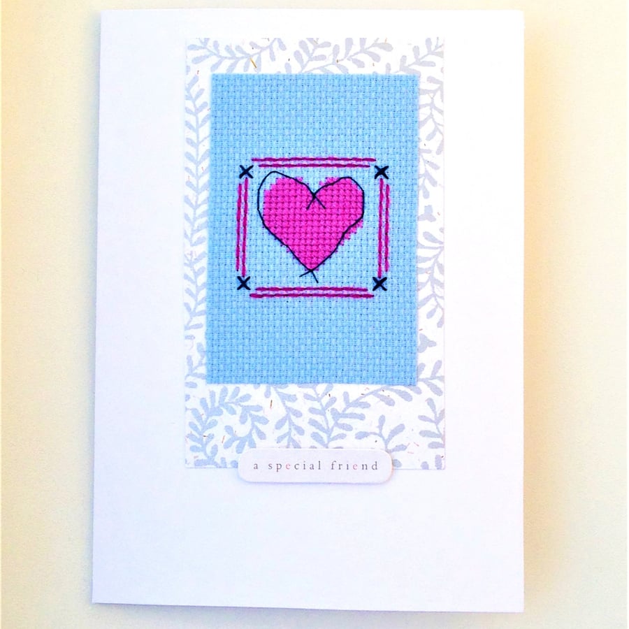Heart cross stitch card with 'a special friend' wording