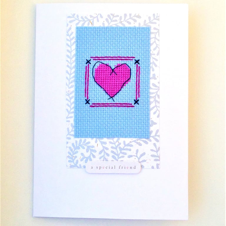 Heart cross stitch card with 'a special friend' wording