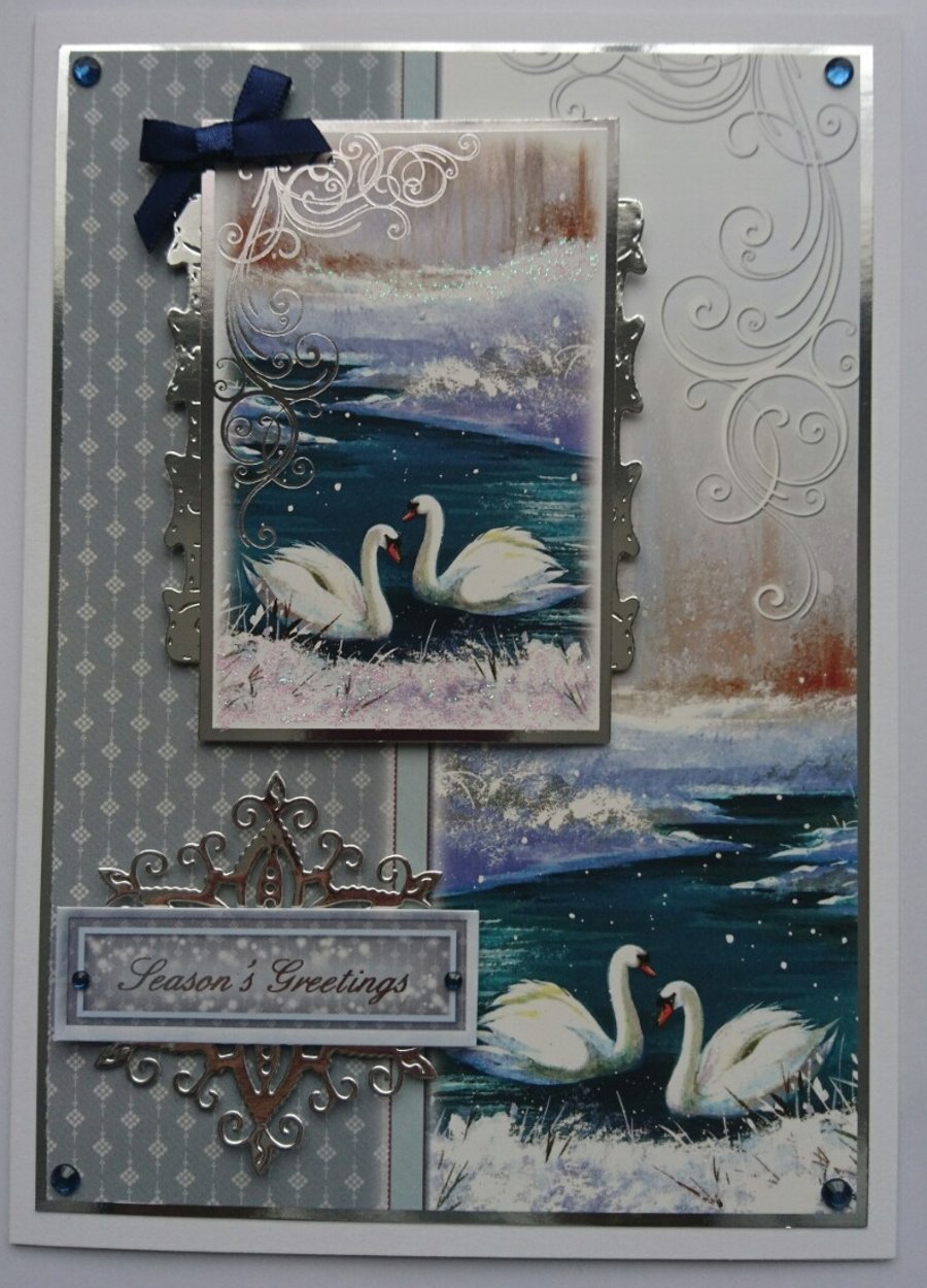 Christmas Card Season's Greetings Majestic Swans 3D Luxury Handmade Card