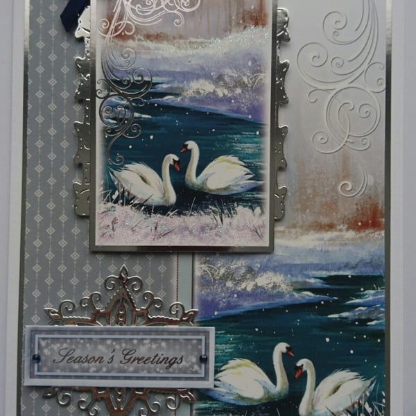 Christmas Card Season's Greetings Majestic Swans 3D Luxury Handmade Card