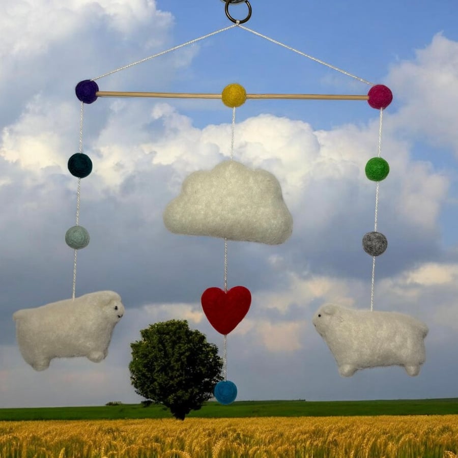 Felt sheep and cloud wall hanging, mobile, nursery decor, new baby gift