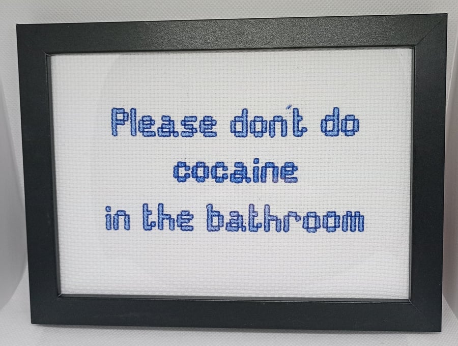 Image of Funny Handmade Framed Cross-Stitch – Please Don't Do Cocaine in the Bathroom 