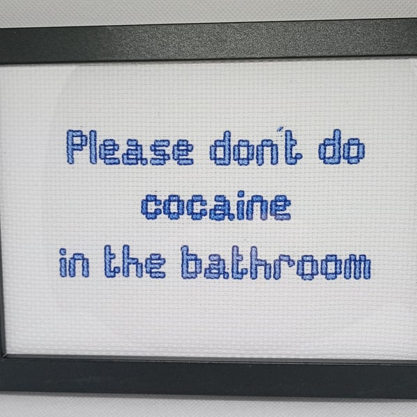 Funny Handmade Framed Cross-Stitch – Please Don't Do Cocaine in the Bathroom 
