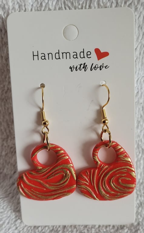 Handmade Polymer Clay Red and Gold Heart Earrings, 316 Surgical Stainless Steel
