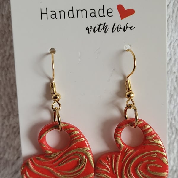 Handmade Polymer Clay Red and Gold Heart Earrings, 316 Surgical Stainless Steel