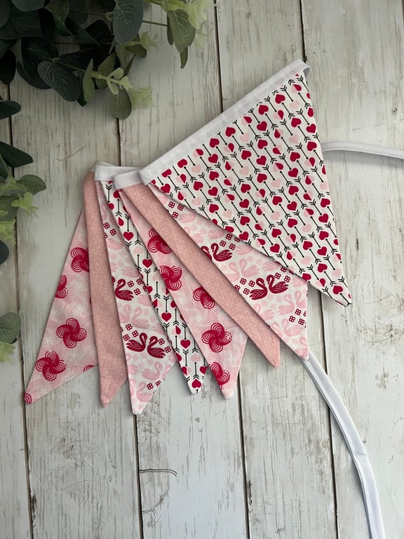 Handmade Fabric Bunting 8 Flags in Pink & White Hearts and Patterned Design