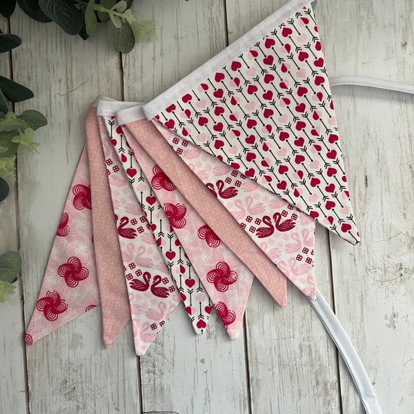 Handmade Fabric Bunting 8 Flags in Pink & White Hearts and Patterned Design
