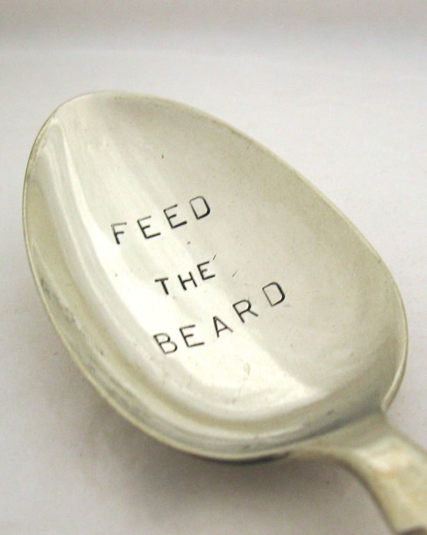 Feed the Beard, Handstamped Vintage Dessert Spoon