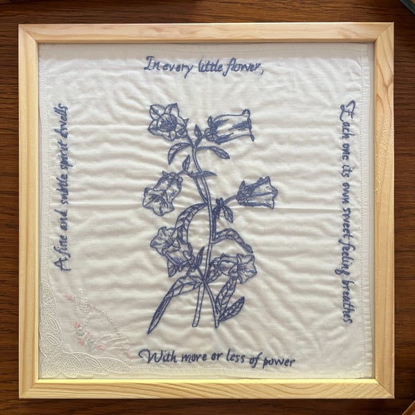 'A fine and subtle spirit dwells' Bluebell Hand Embroidery Art 