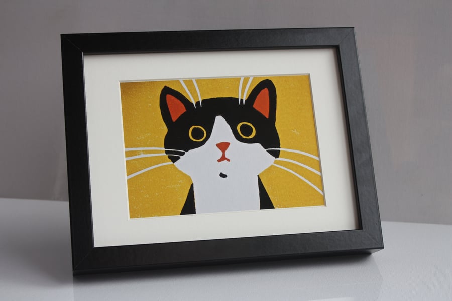 CUTE BLACK AND WHITE CAT- FRAMED GICLEE PRINT OF LINOCUT -FREE POSTAGE