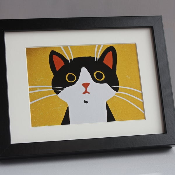 CUTE BLACK AND WHITE CAT- FRAMED GICLEE PRINT OF LINOCUT -FREE POSTAGE