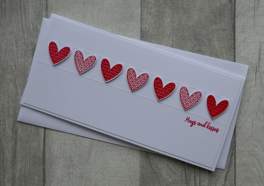 Red Embossed Hearts - Hugs and Kisses - Anniversary or Valentine's Day Card