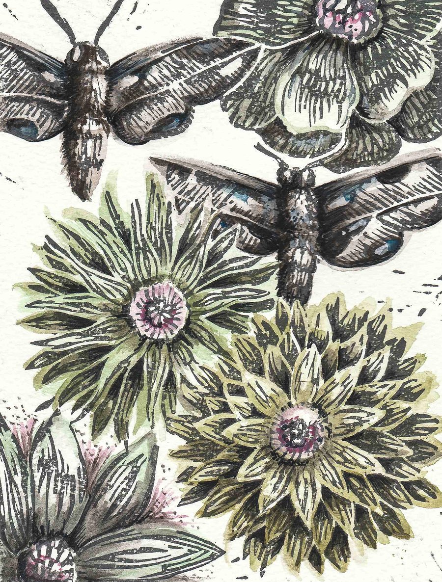 Moths and flowers Hand Coloured Lino Cut Print.