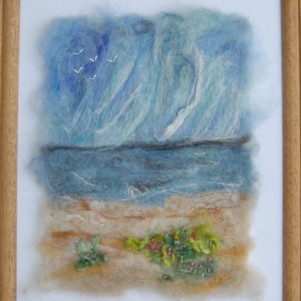 Needle felted and hand embroidered wool picture - Coastal scene free postage