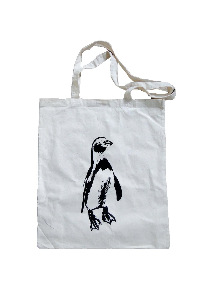 Tote Bag Penguin Animal Linocut Hand Printed Cream Shopping Bag