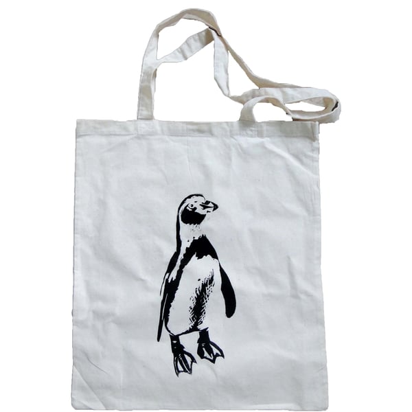 Tote Bag Penguin Animal Linocut Hand Printed Cream Shopping Bag