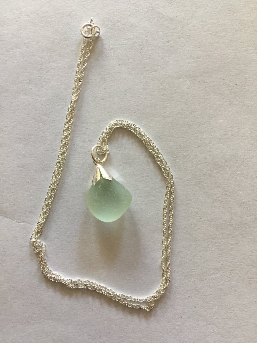 Sterling silver necklace with sea green coloured sea glass pendant