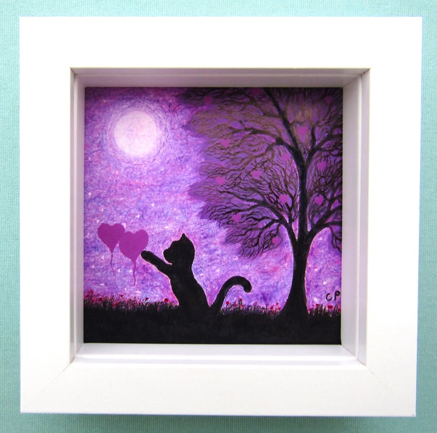 Framed Cat Picture, Daughter Gift, Black Cat and Purple Hearts, Moon and Tree