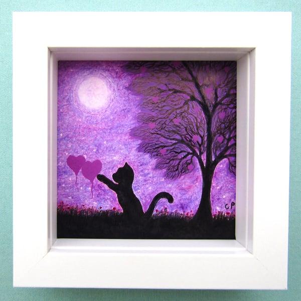Framed Cat Picture, Daughter Gift, Black Cat and Purple Hearts, Moon and Tree