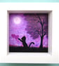 Framed Cat Picture, Daughter Gift, Black Cat and Purple Hearts, Moon and Tree