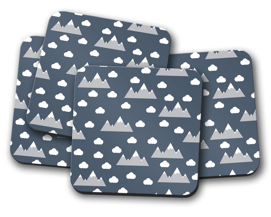 Set of 4 Blue with Clouds and Mountains Design Coasters