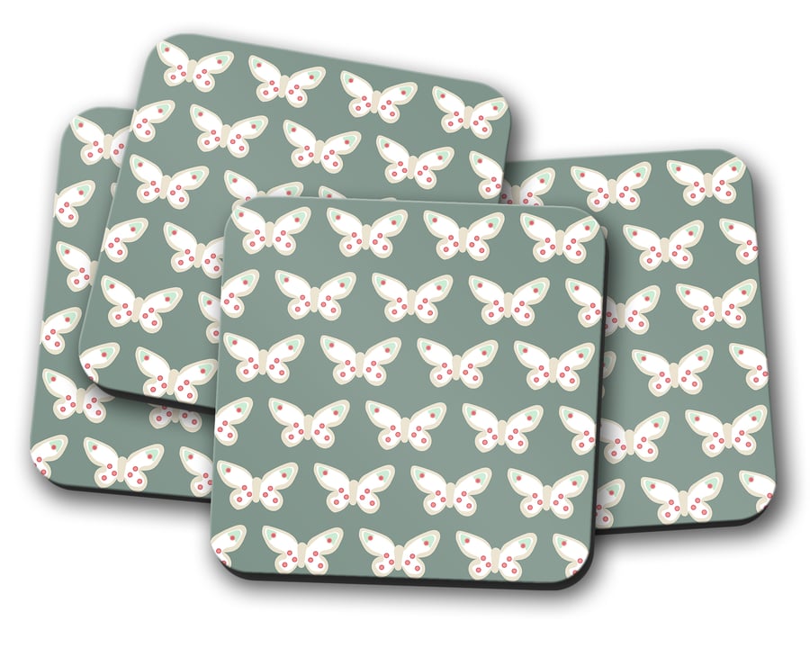 Set of 4 Green Coasters with Butterfly Design