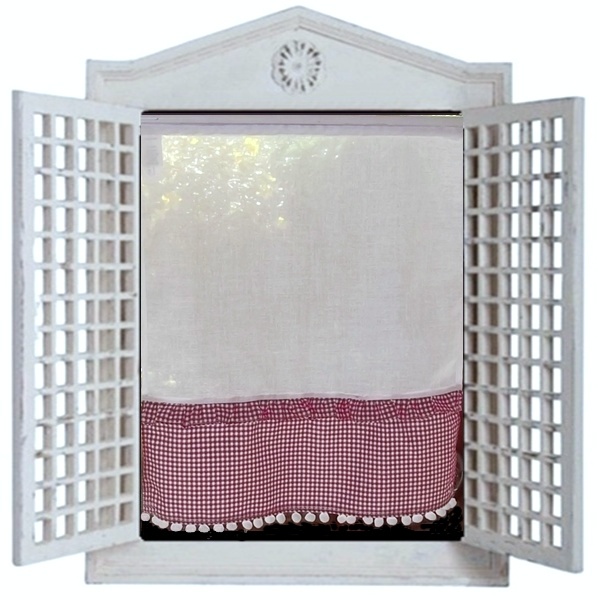Small curtain Brise bise window panel Handmade White muslin Red gingham 