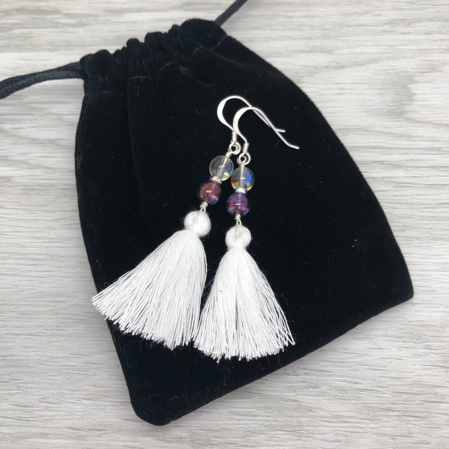 SALE.. White and purple tassel earrings. Sterling silver